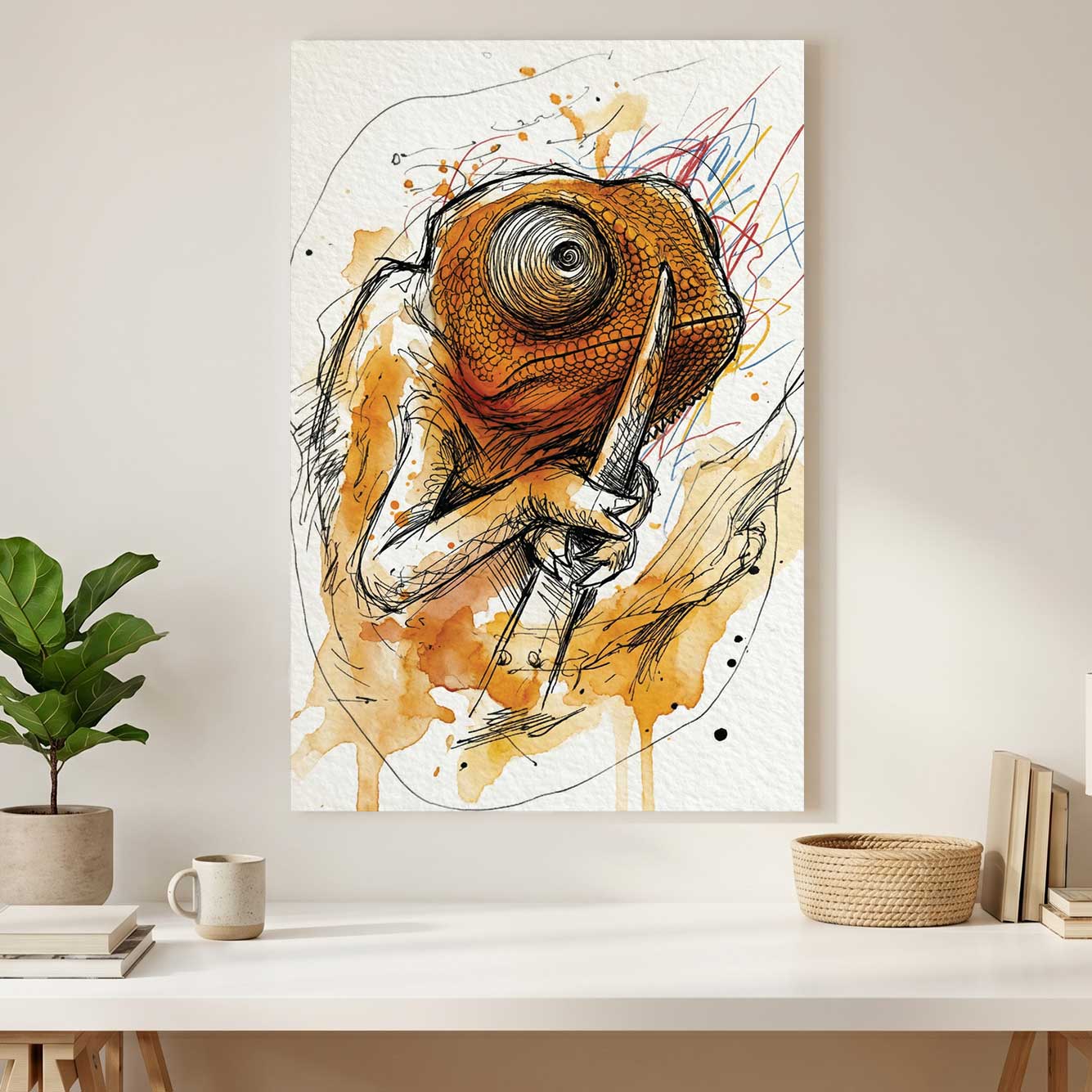 Orange Chameleon Watercolour Painting canvas wall art print styled in a modern interior