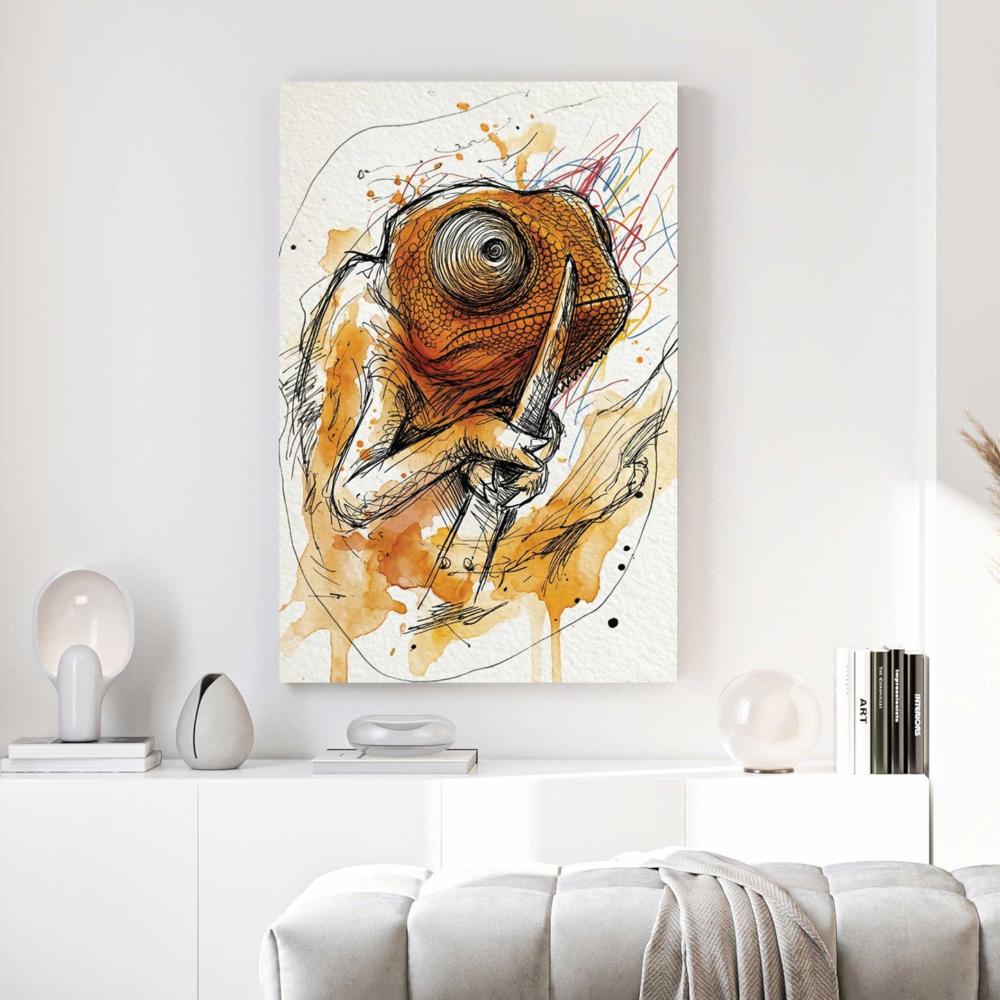 Orange Chameleon Watercolour Painting canvas wall art print above a sofa in a contemporary living room