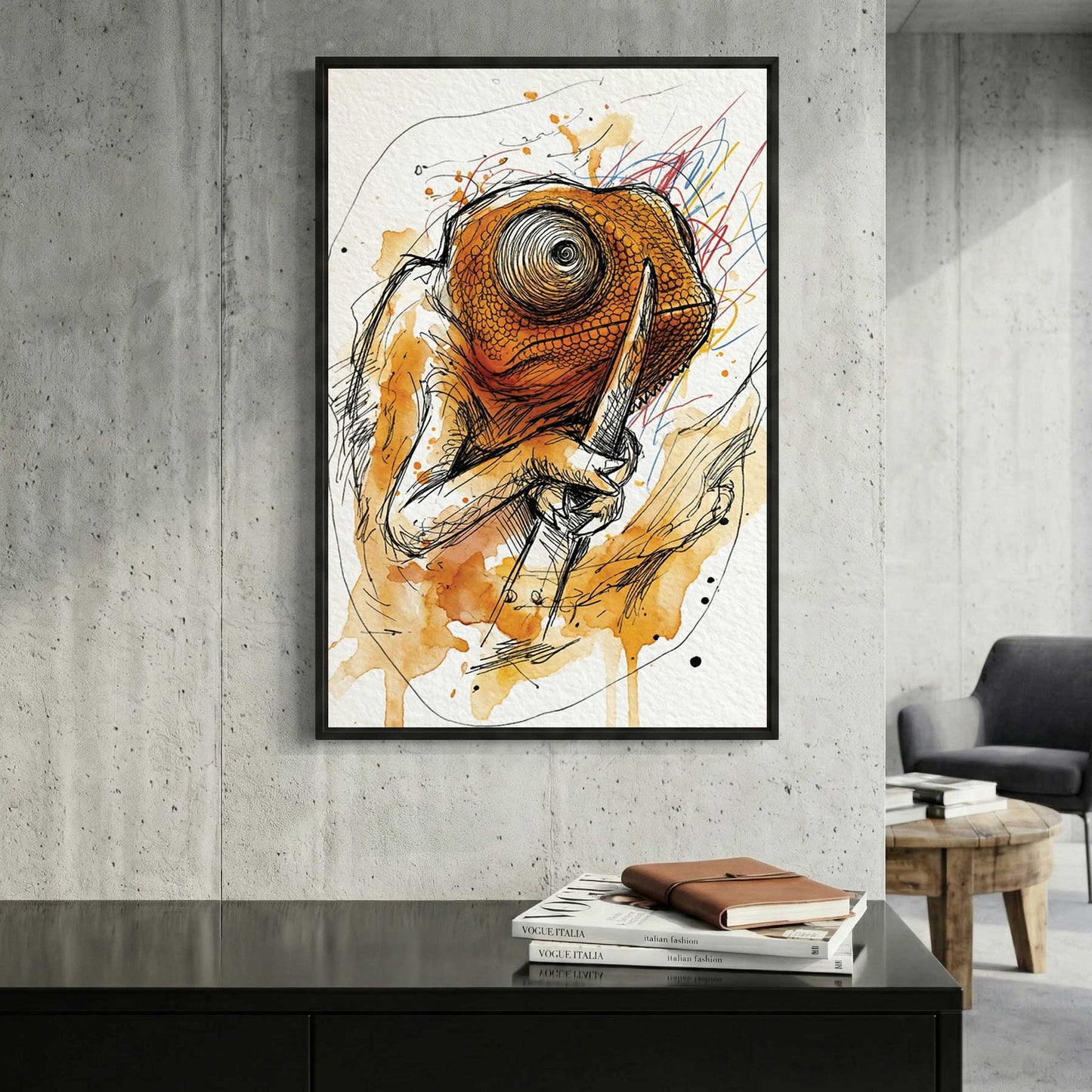 Orange Chameleon Watercolour Painting framed canvas wall art print in a gallery-style display