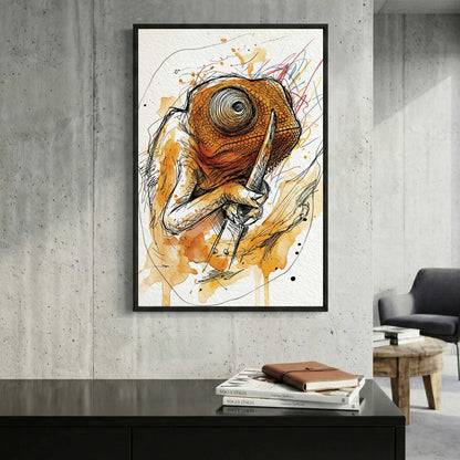 Orange Chameleon Watercolour Painting framed canvas wall art print in a gallery-style display