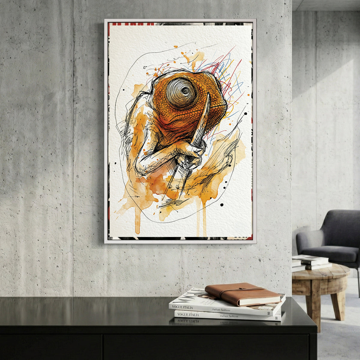 Orange Chameleon Watercolour Painting canvas wall art print displayed in a styled living room