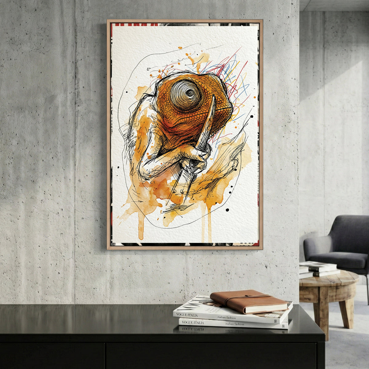 Orange Chameleon Watercolour Painting canvas wall art print displayed in a styled living room