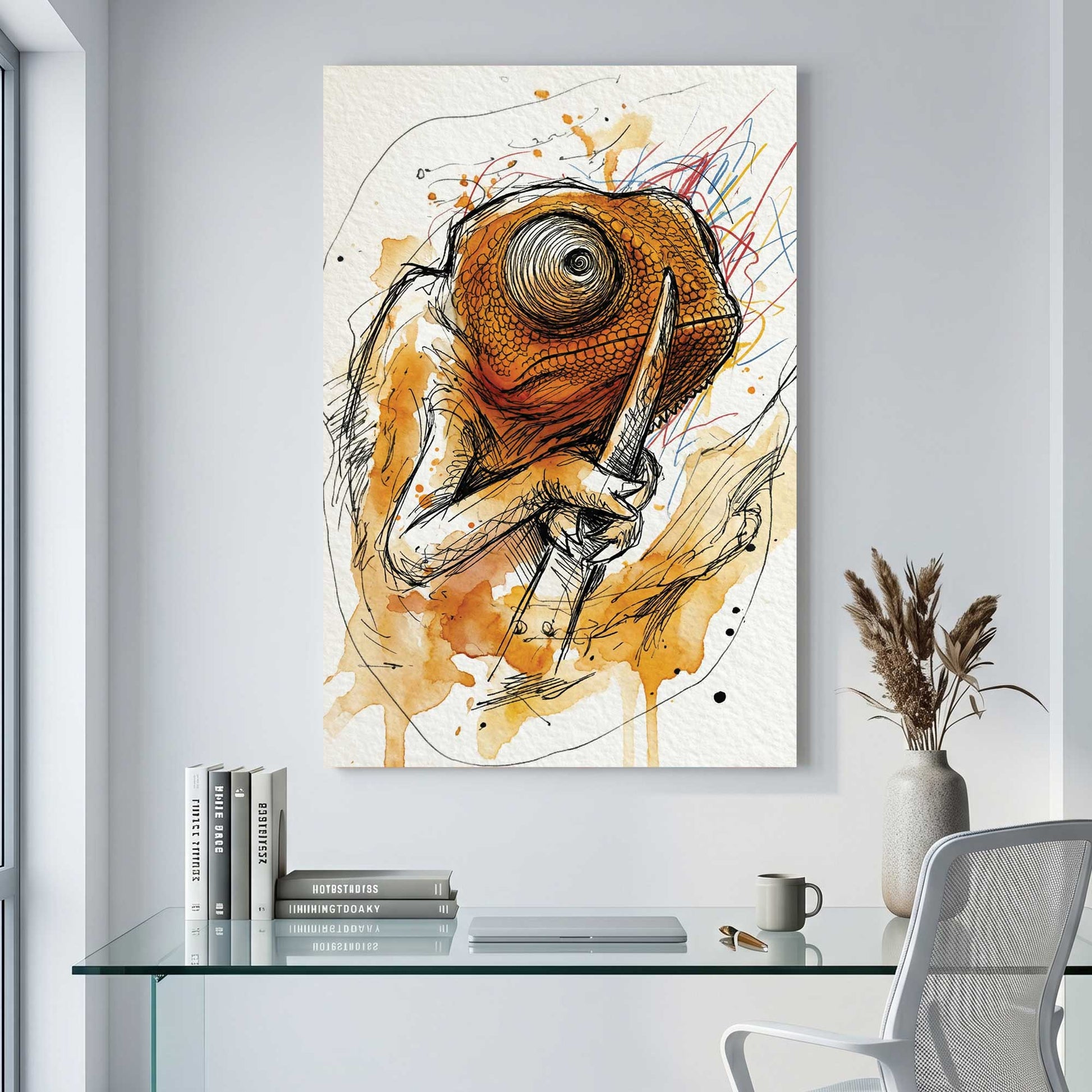 Orange Chameleon Watercolour Painting canvas wall art print displayed in a styled living room