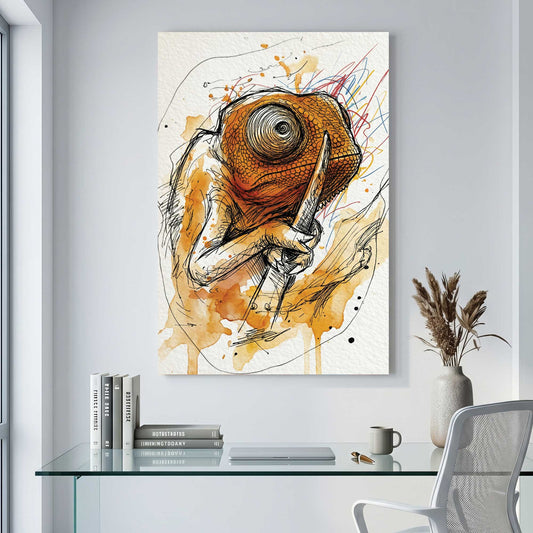 Orange Chameleon Watercolour Painting canvas wall art print displayed in a styled living room