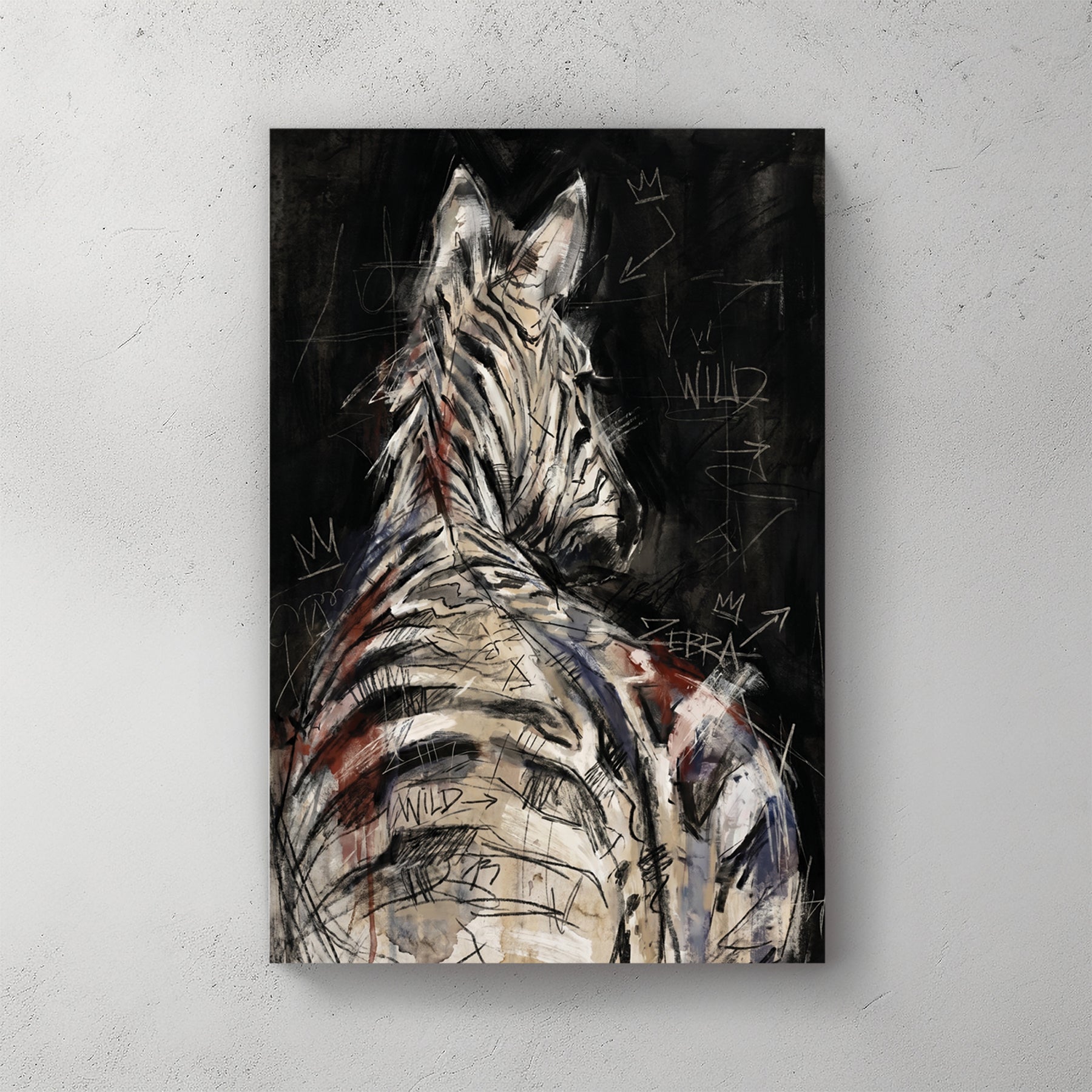 Zebra from behind, looking back over shoulder, mixed media style, red and brown wash, dripping paint — canvas wall art print