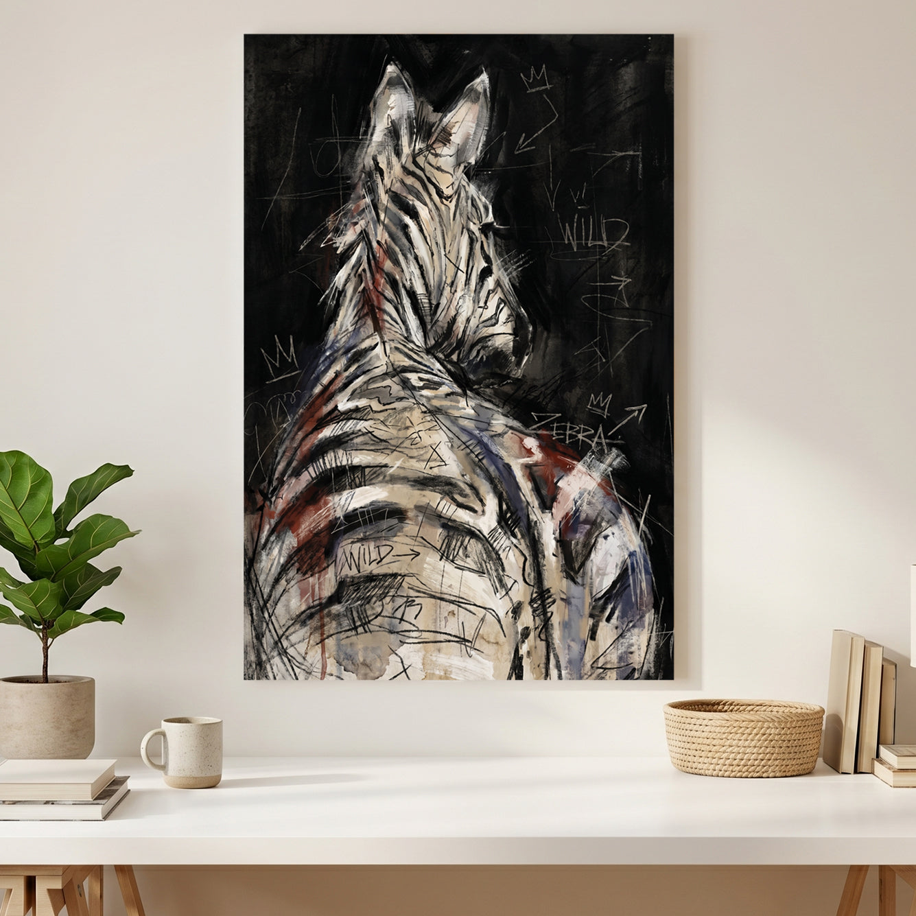 Zebra Back Portrait Painting canvas wall art print styled in a modern interior