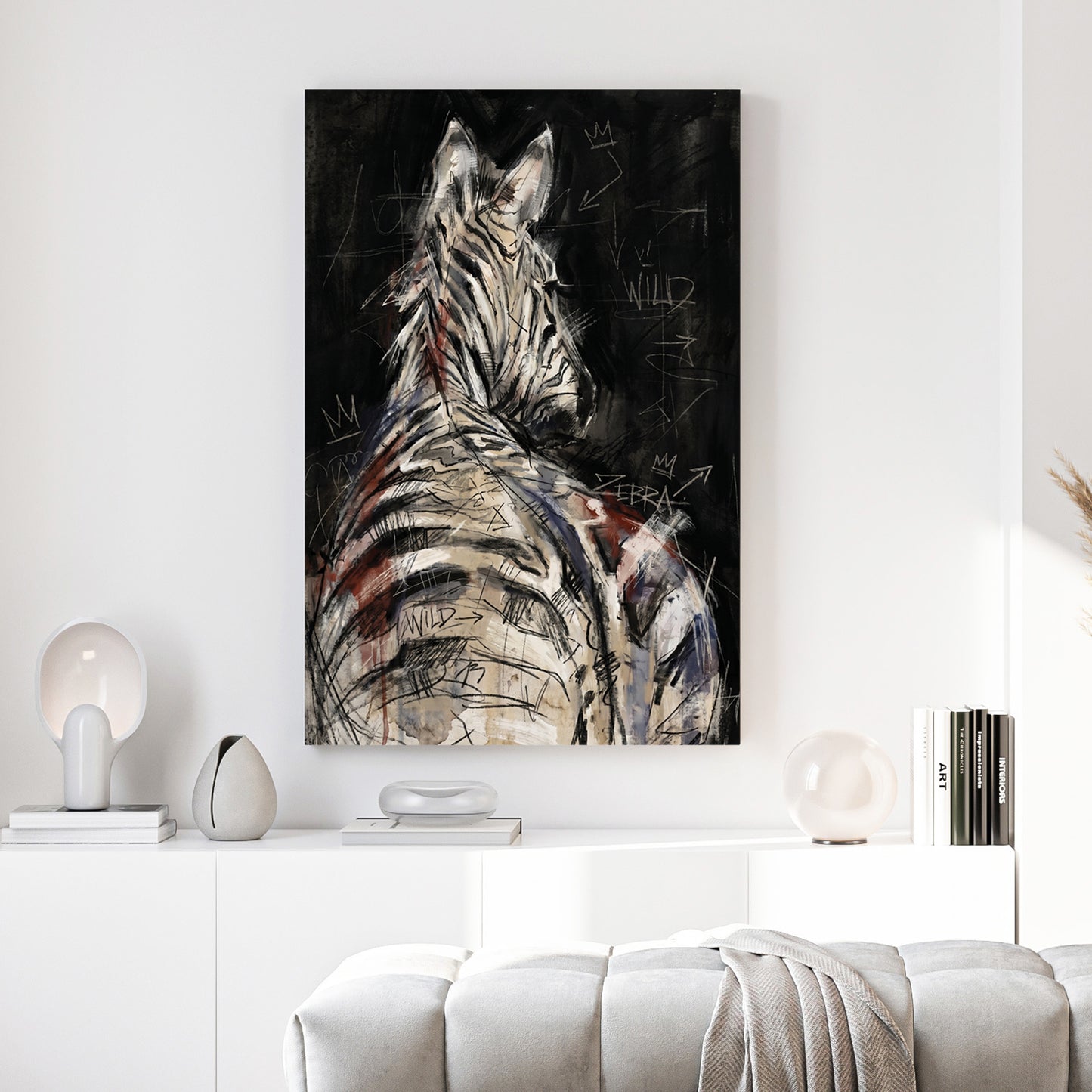Zebra Back Portrait Painting canvas wall art print above a sofa in a contemporary living room