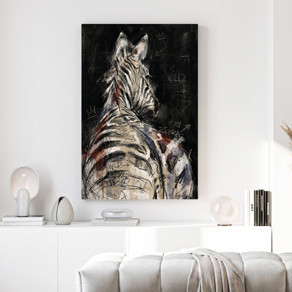 Zebra Back Portrait Painting canvas wall art print above a sofa in a contemporary living room