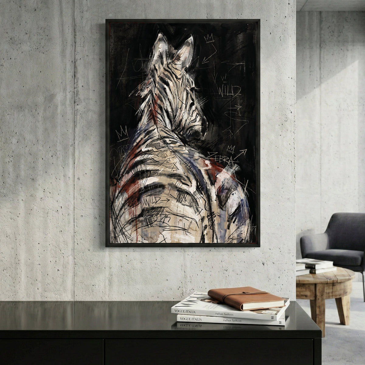 Zebra Back Portrait Painting framed canvas wall art print in a gallery-style display