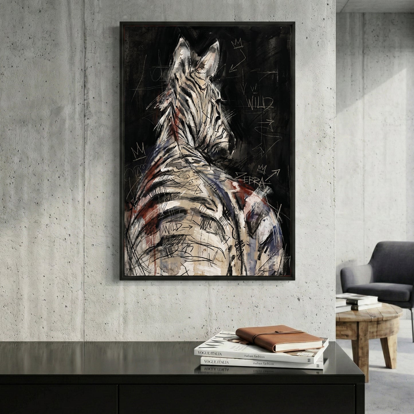 Zebra Back Portrait Painting framed canvas wall art print in a gallery-style display