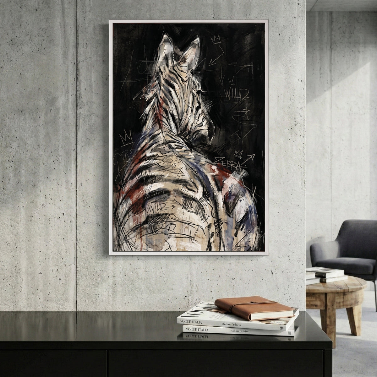 Zebra Back Portrait Painting canvas wall art print displayed in a styled living room