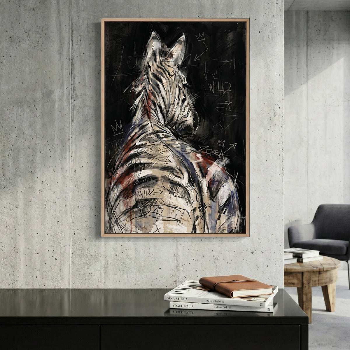 Zebra Back Portrait Painting canvas wall art print displayed in a styled living room