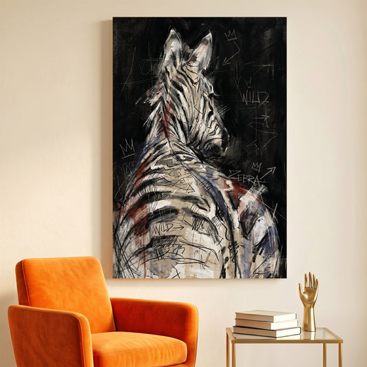 Zebra Back Portrait Painting canvas wall art print displayed in a styled living room