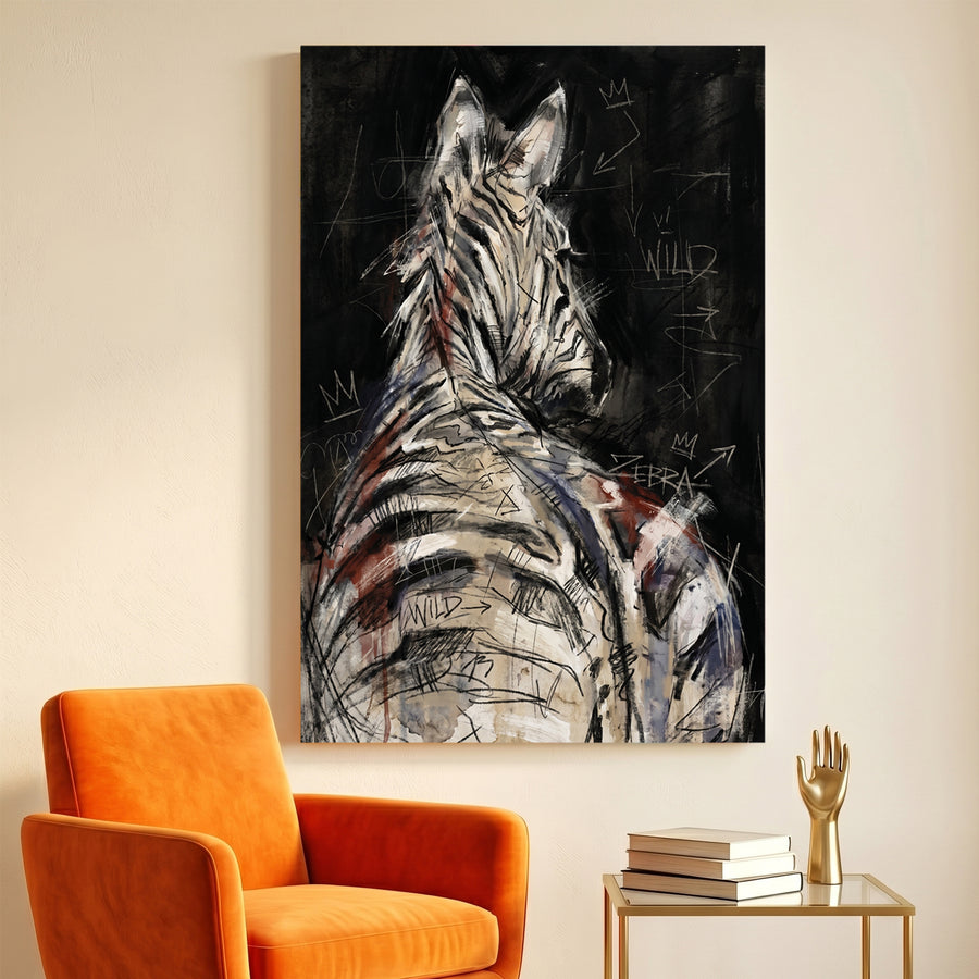 Zebra Back Portrait Painting canvas wall art print displayed in a styled living room
