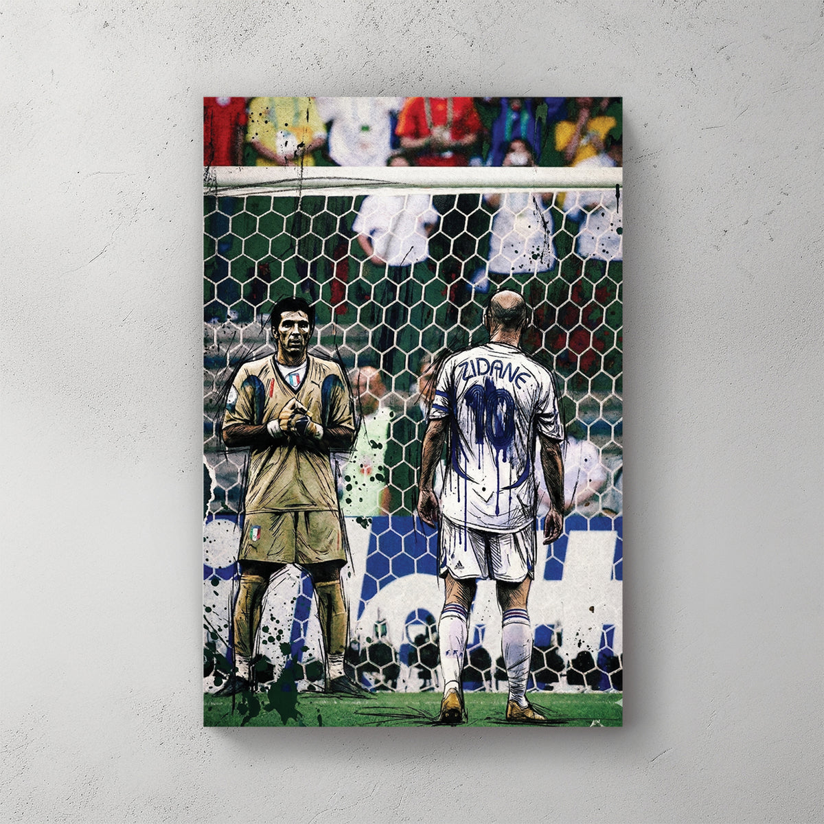 Zidane in white France #10 kit at penalty spot, Buffon on the line in Italian gold keeper jersey, goal net visible, crowd behind, black ink splatter overlay — canvas wall art print