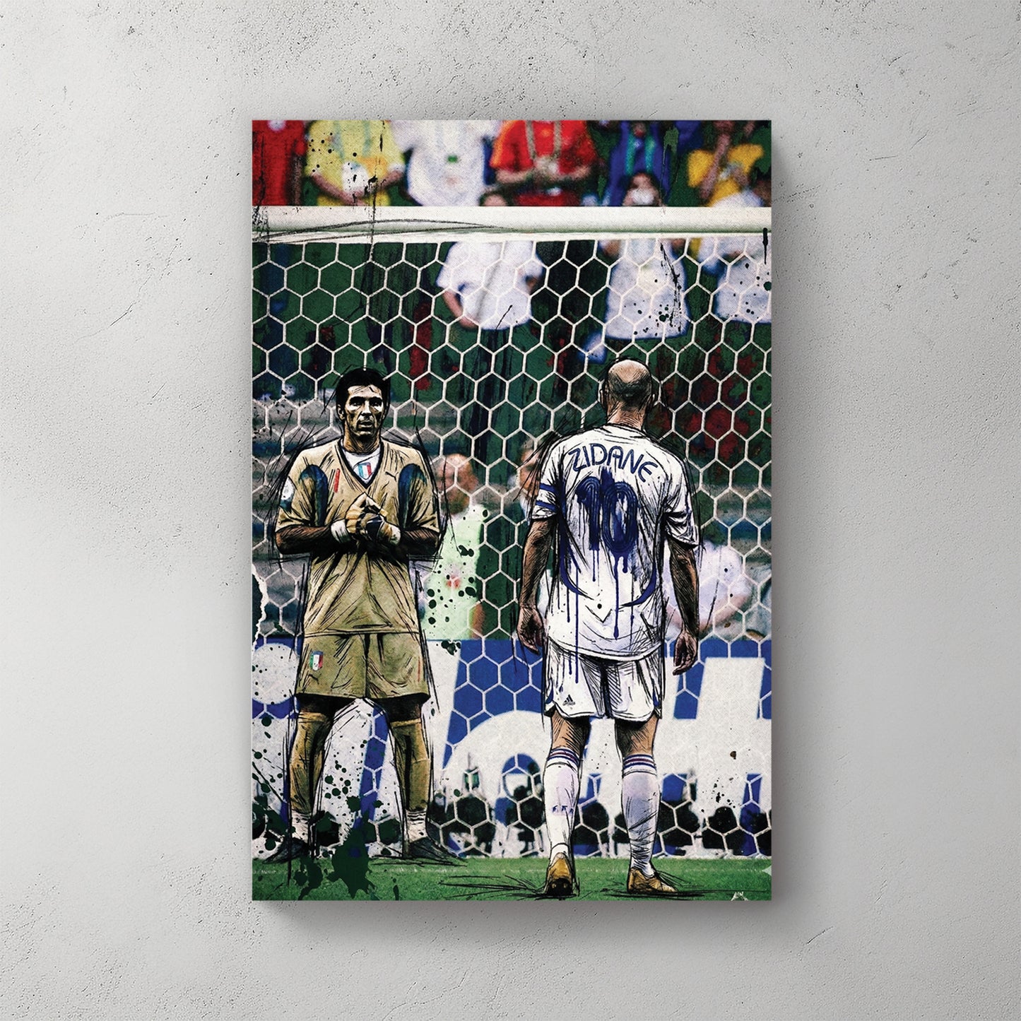Zidane in white France #10 kit at penalty spot, Buffon on the line in Italian gold keeper jersey, goal net visible, crowd behind, black ink splatter overlay — canvas wall art print