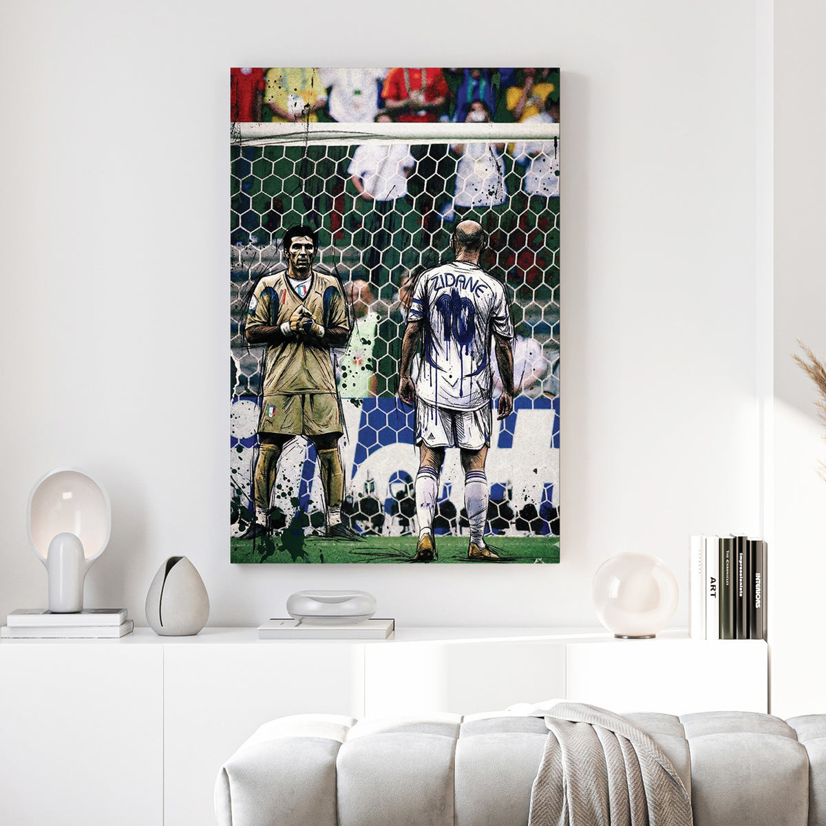 Zinedine Zidane 2006 World Cup Final canvas wall art print above a sofa in a contemporary living room