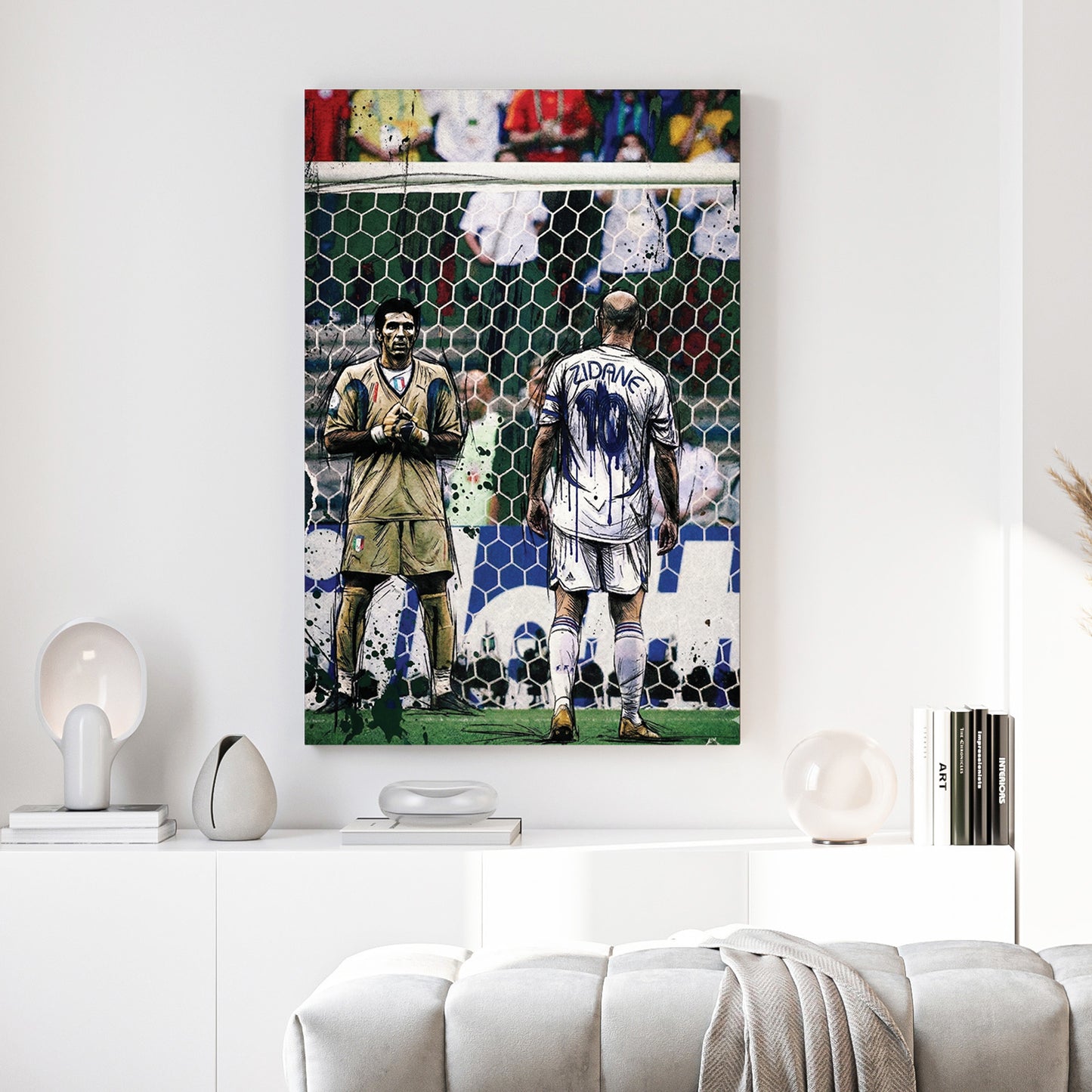 Zinedine Zidane 2006 World Cup Final canvas wall art print above a sofa in a contemporary living room