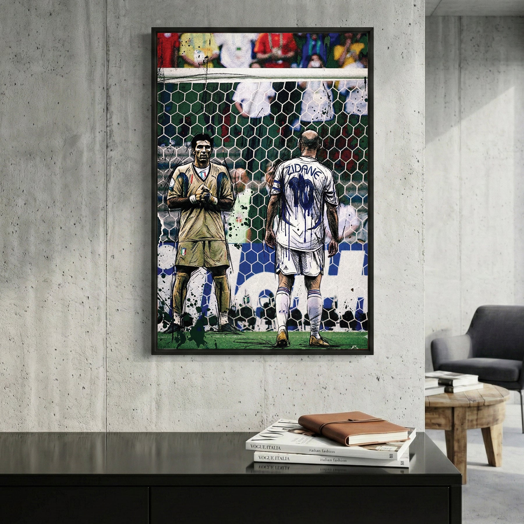 Zinedine Zidane 2006 World Cup Final framed canvas wall art print in a gallery-style display