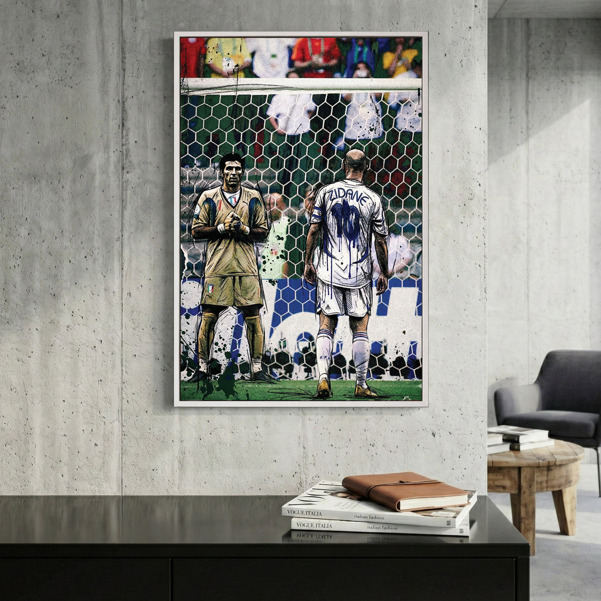 Zinedine Zidane 2006 World Cup Final canvas wall art print displayed in a styled living room
