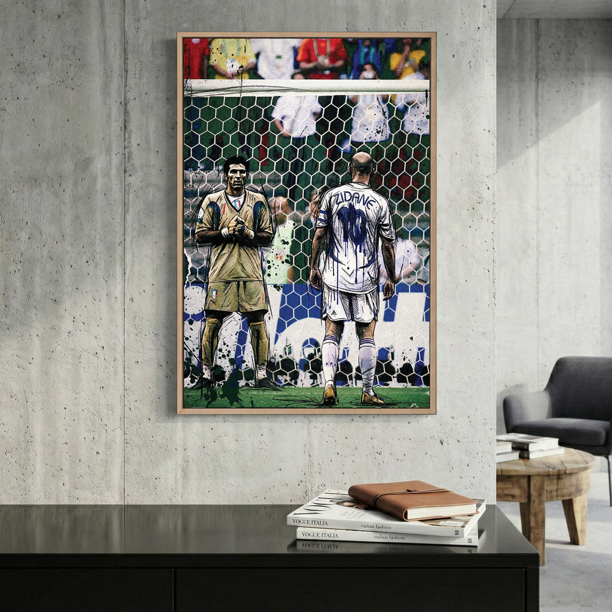 Zinedine Zidane 2006 World Cup Final canvas wall art print displayed in a styled living room