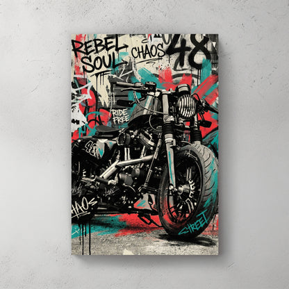 Rebel Soul motorcycle with red and teal graffiti, Chaos 48 lettering, Harley style bobber, street king, ride free — canvas wall art print