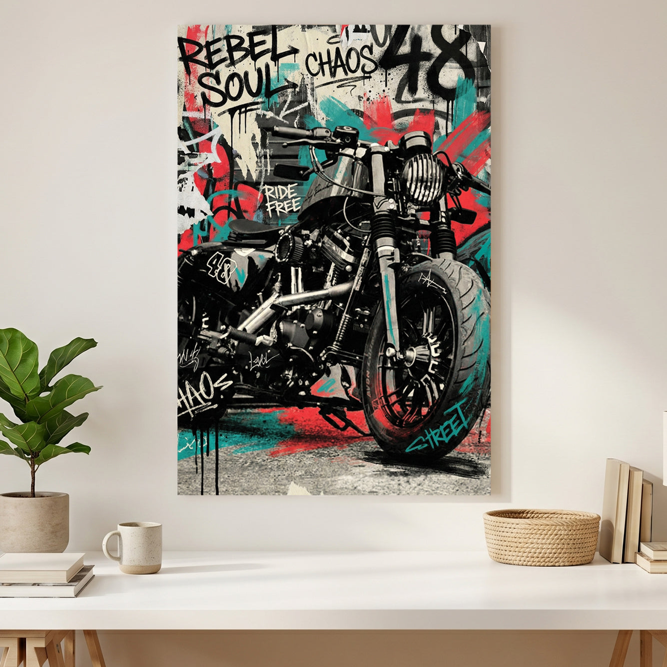 Rebel Soul Motorcycle Graffiti canvas wall art print styled in a modern interior