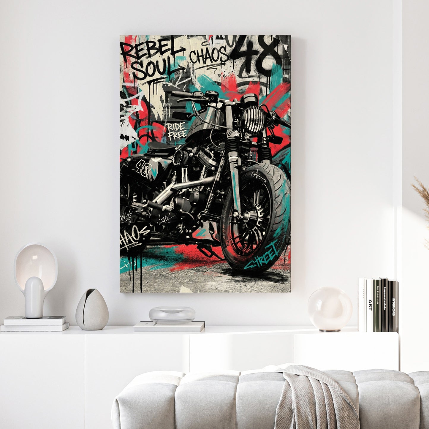 Rebel Soul Motorcycle Graffiti canvas wall art print above a sofa in a contemporary living room