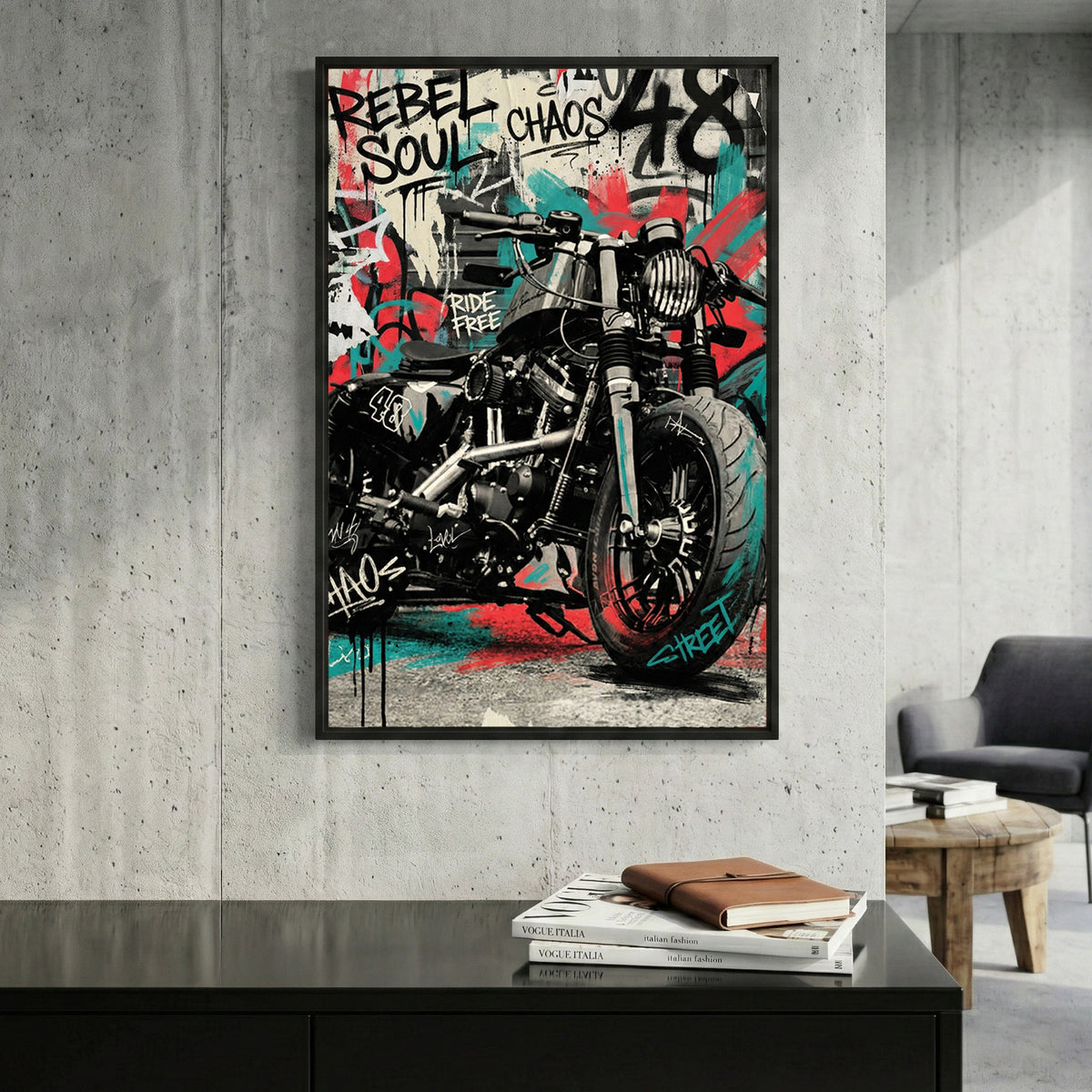 Rebel Soul Motorcycle Graffiti framed canvas wall art print in a gallery-style display