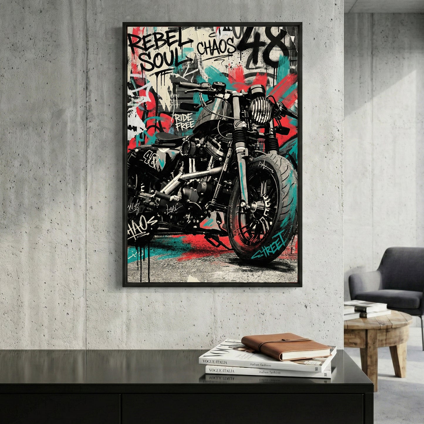 Rebel Soul Motorcycle Graffiti framed canvas wall art print in a gallery-style display