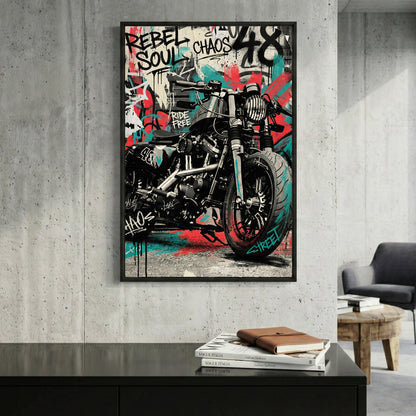 Rebel Soul Motorcycle Graffiti framed canvas wall art print in a gallery-style display