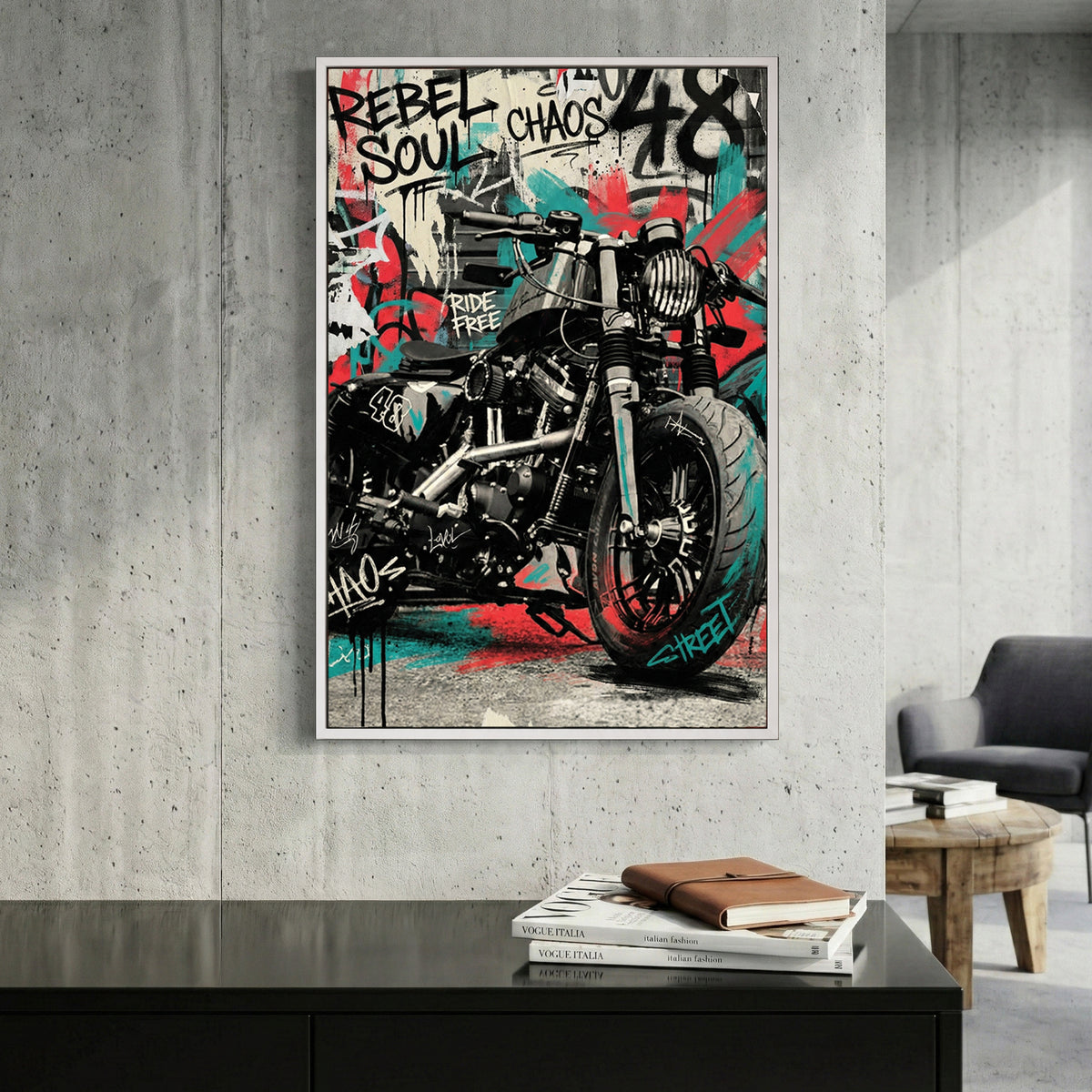 Rebel Soul Motorcycle Graffiti canvas wall art print displayed in a styled living room