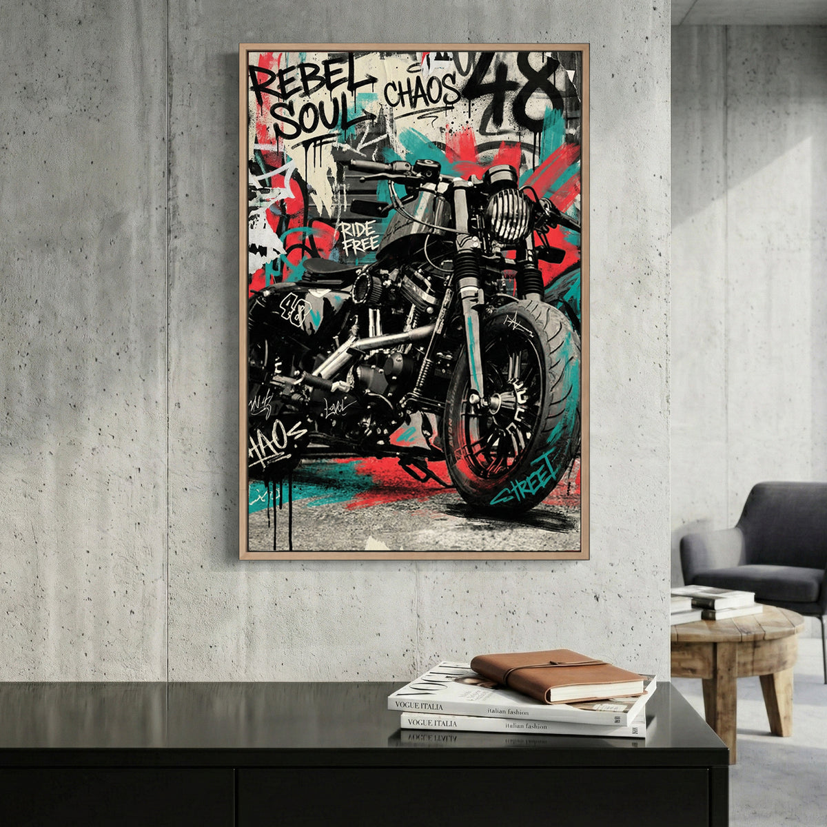 Rebel Soul Motorcycle Graffiti canvas wall art print displayed in a styled living room