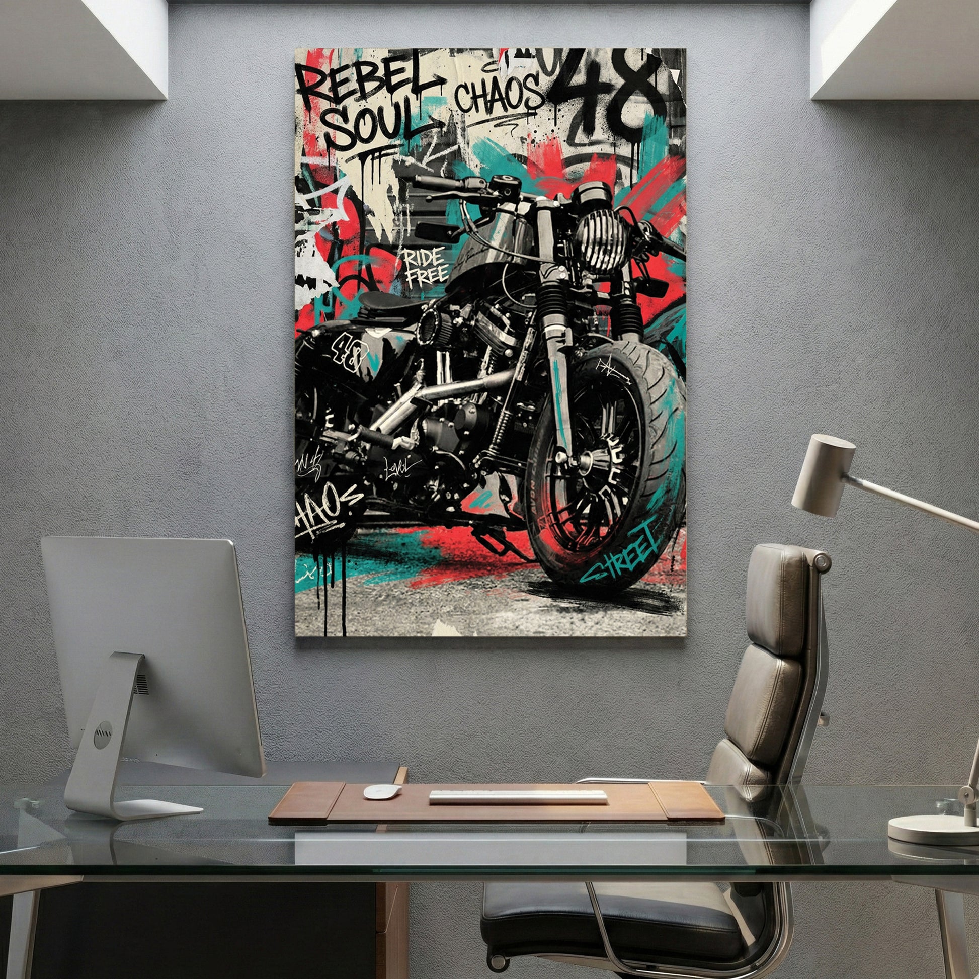 Rebel Soul Motorcycle Graffiti canvas wall art print displayed in a styled living room