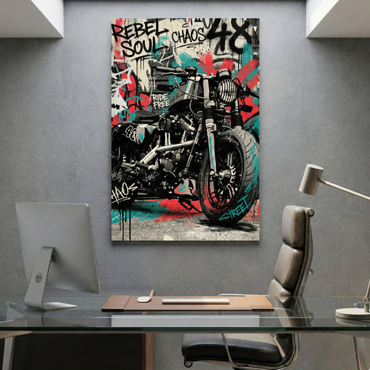 Rebel Soul Motorcycle Graffiti canvas wall art print displayed in a styled living room