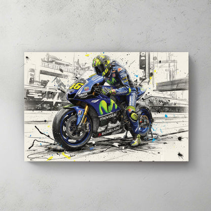 Rossi #46, Movistar Yamaha blue, paint splatters, pit garage background, sketch style — canvas wall art print