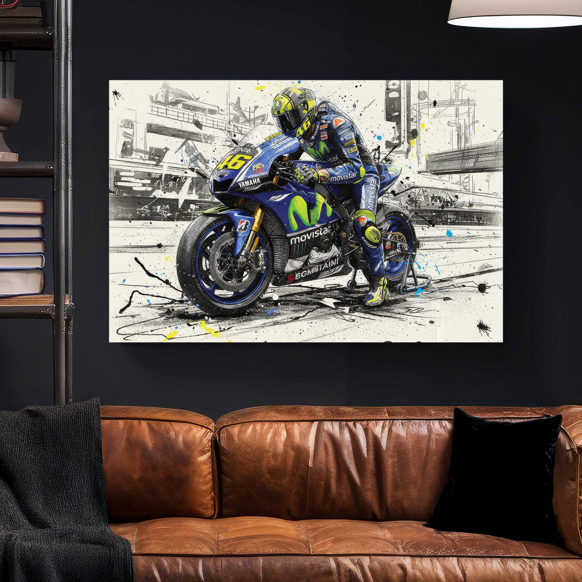 Valentino Rossi MotoGP Yamaha canvas wall art print styled in a modern interior