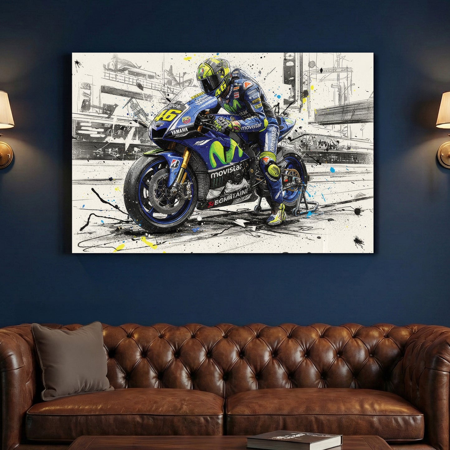 Valentino Rossi MotoGP Yamaha canvas wall art print above a sofa in a contemporary living room