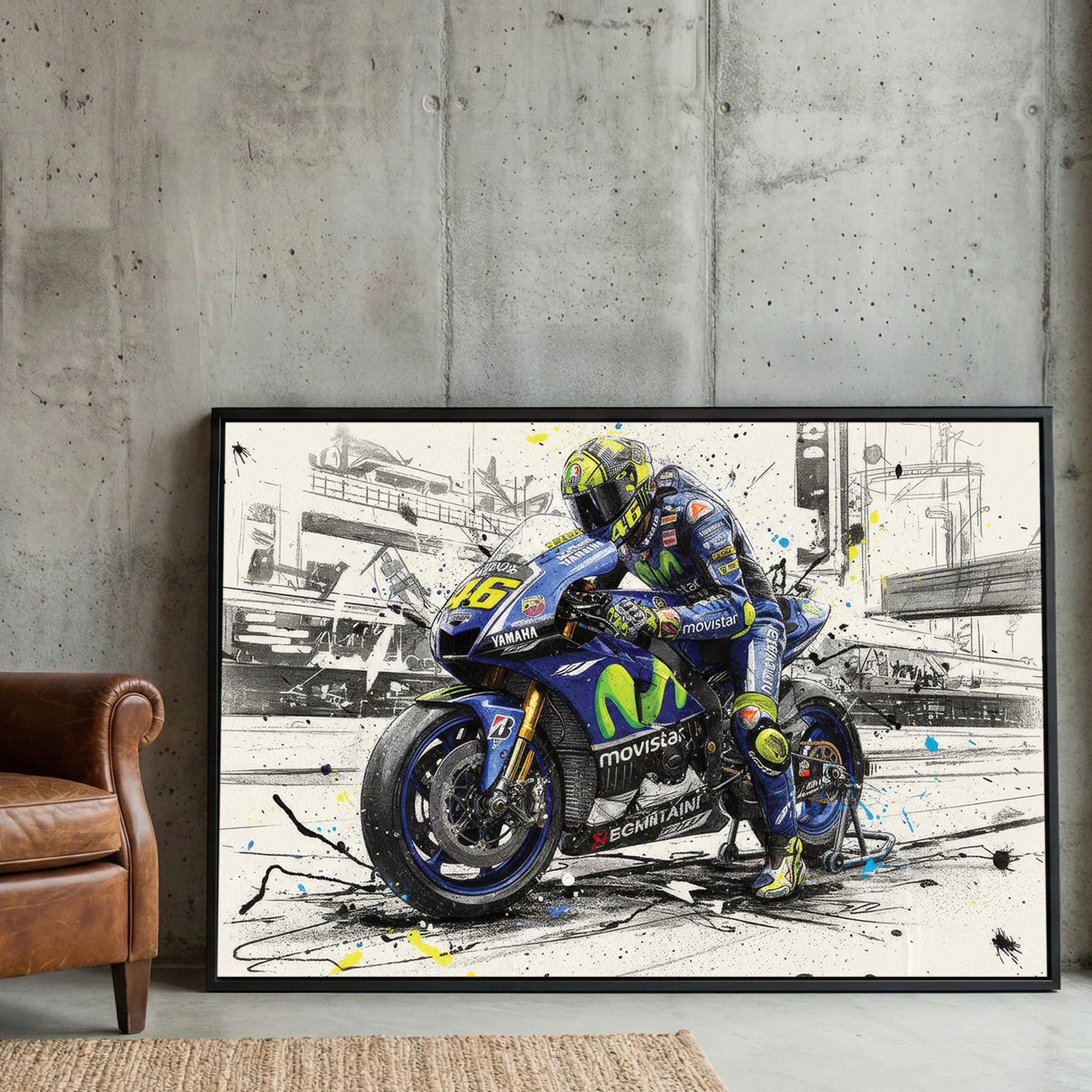 Valentino Rossi MotoGP Yamaha framed canvas wall art print in a gallery-style display