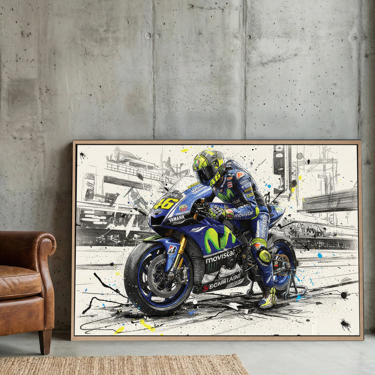 Valentino Rossi MotoGP Yamaha canvas wall art print displayed in a styled living room