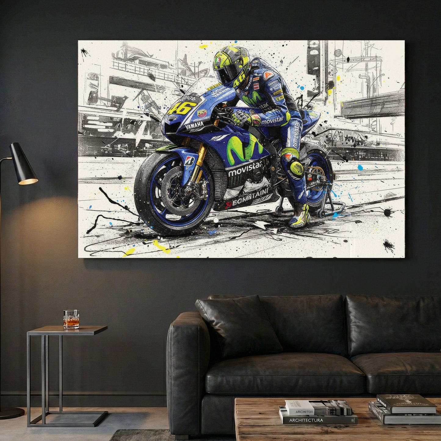 Valentino Rossi MotoGP Yamaha canvas wall art print displayed in a styled living room