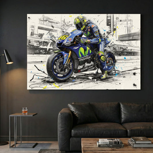 Valentino Rossi MotoGP Yamaha canvas wall art print displayed in a styled living room
