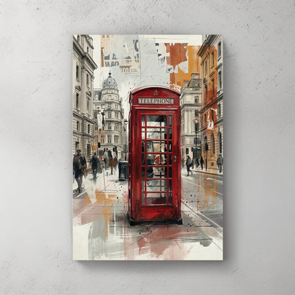 Red London phone booth on wet street, St Paul's dome in the distance, mixed media watercolour with collage texture — canvas wall art print