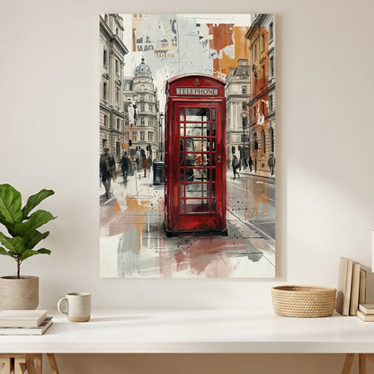 London Red Telephone Booth Watercolour canvas wall art print styled in a modern interior