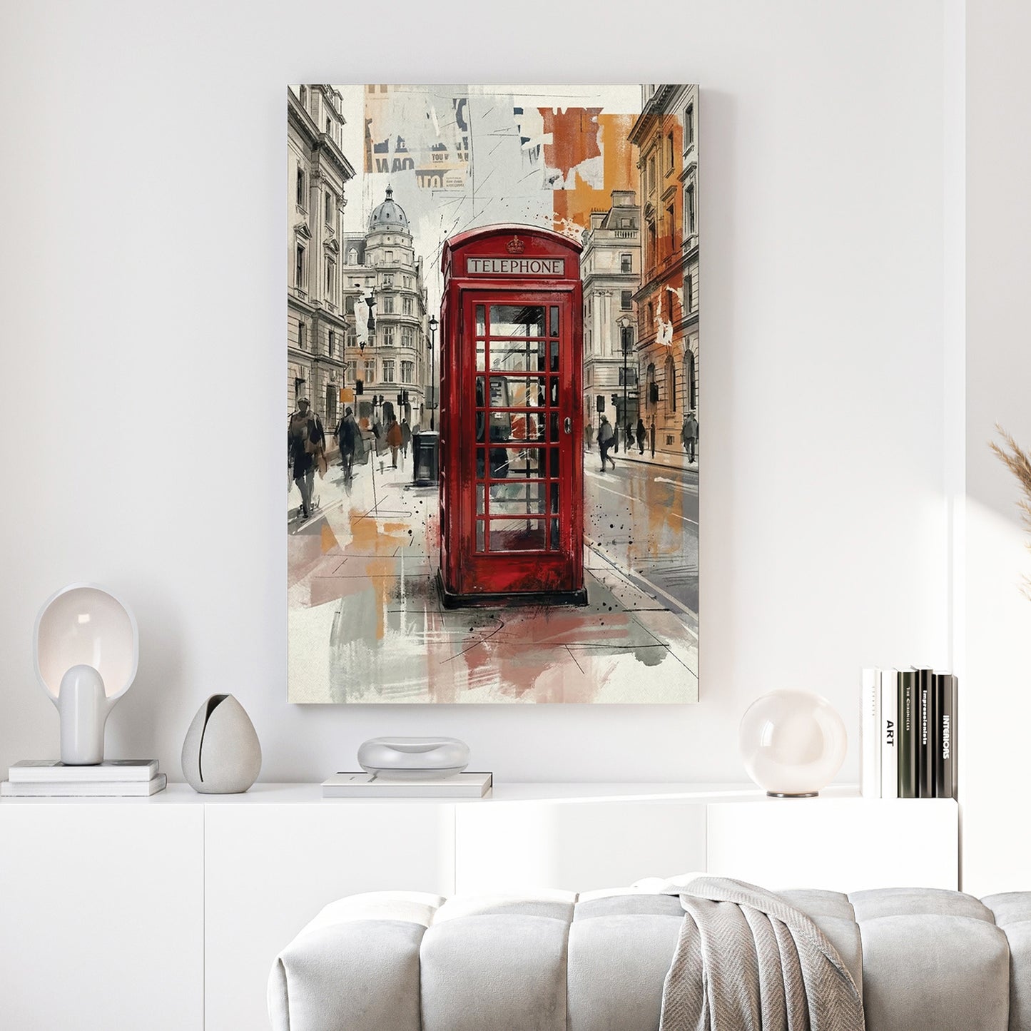 London Red Telephone Booth Watercolour canvas wall art print above a sofa in a contemporary living room