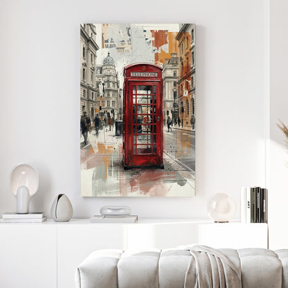 London Red Telephone Booth Watercolour canvas wall art print above a sofa in a contemporary living room