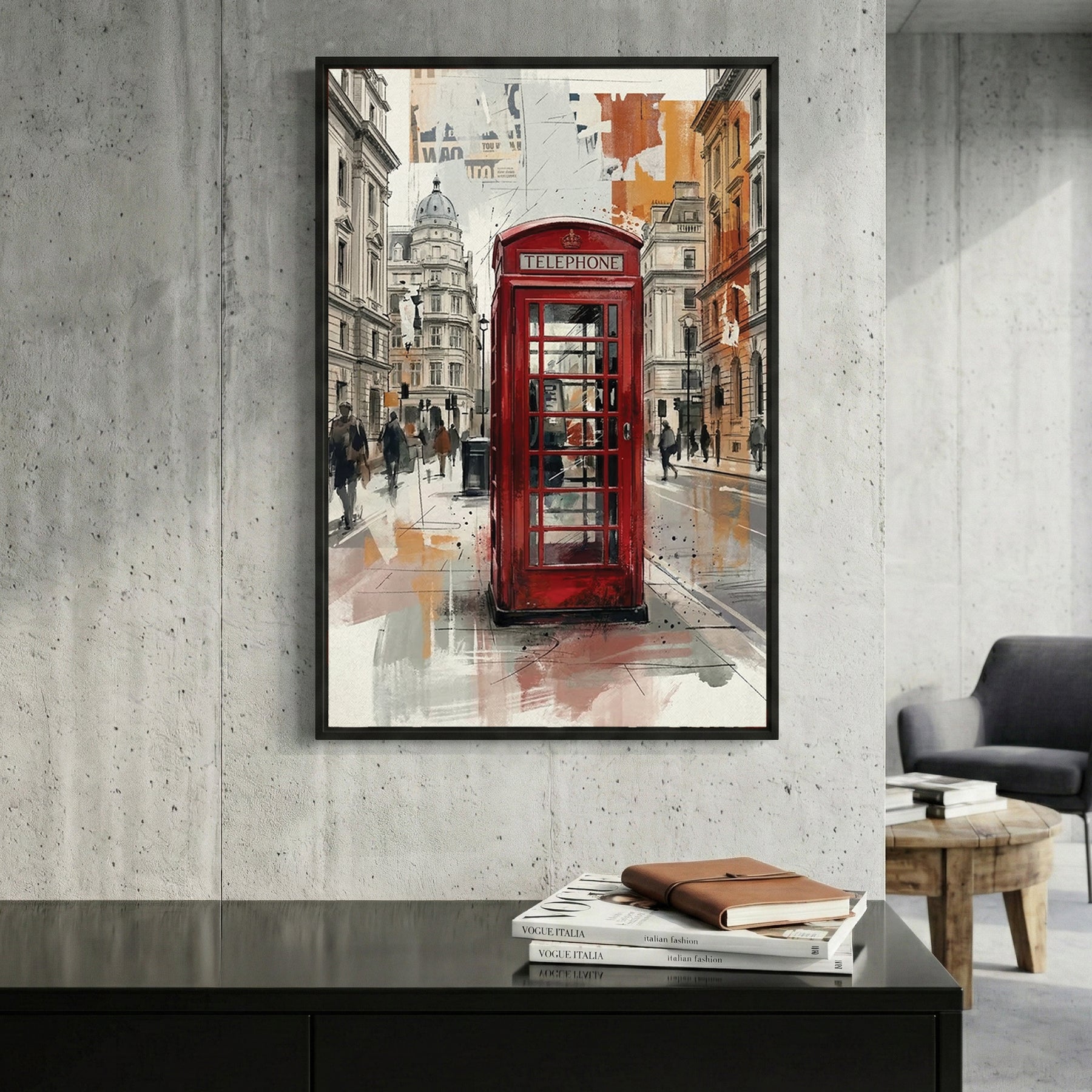 London Red Telephone Booth Watercolour framed canvas wall art print in a gallery-style display