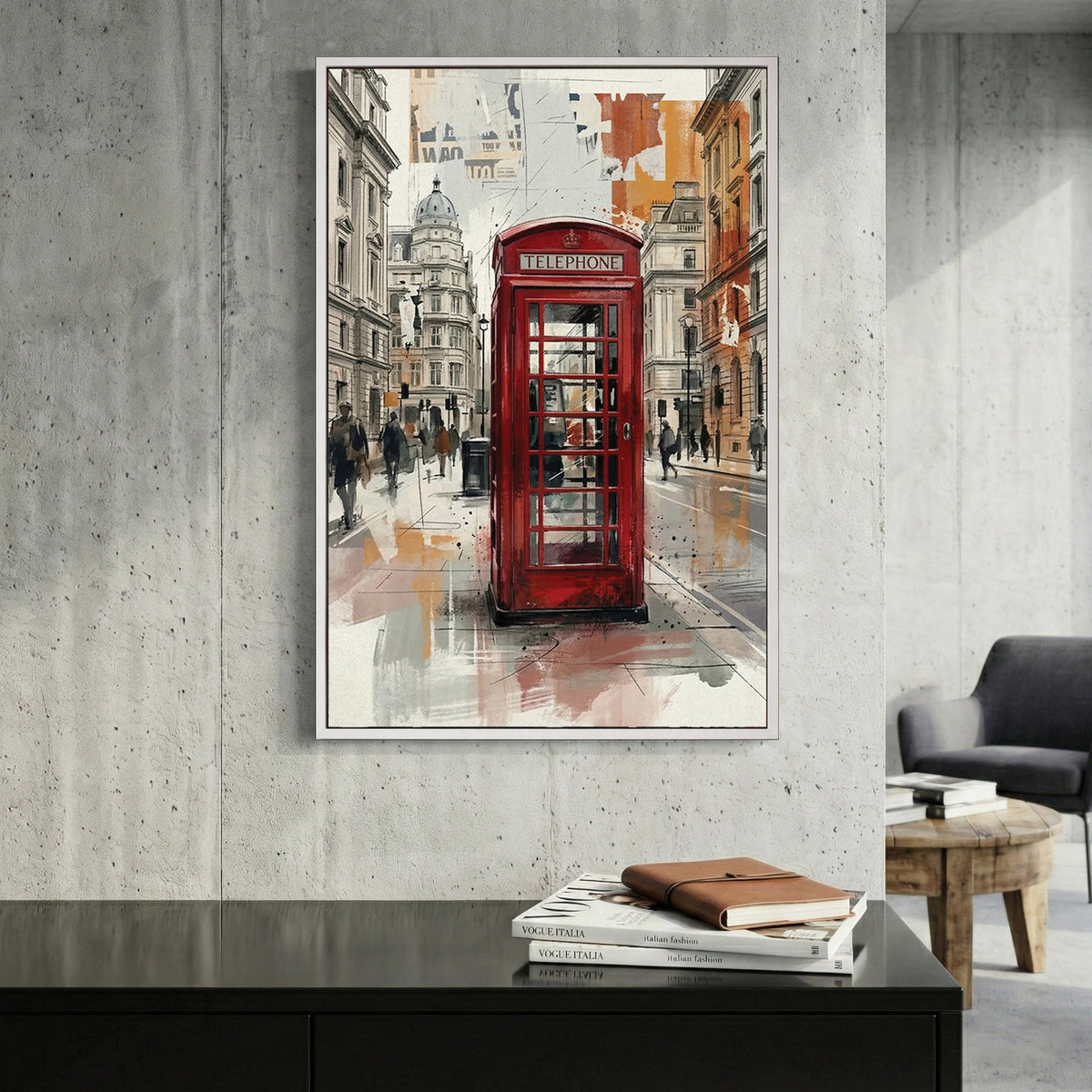 London Red Telephone Booth Watercolour canvas wall art print displayed in a styled living room