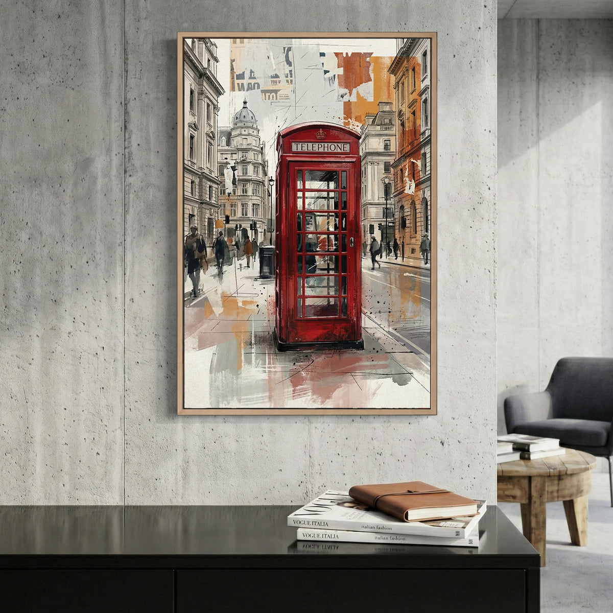 London Red Telephone Booth Watercolour canvas wall art print displayed in a styled living room