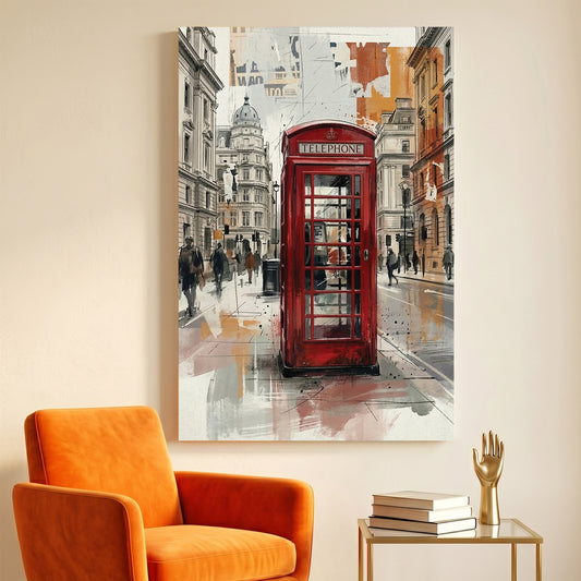 London Red Telephone Booth Watercolour canvas wall art print displayed in a styled living room
